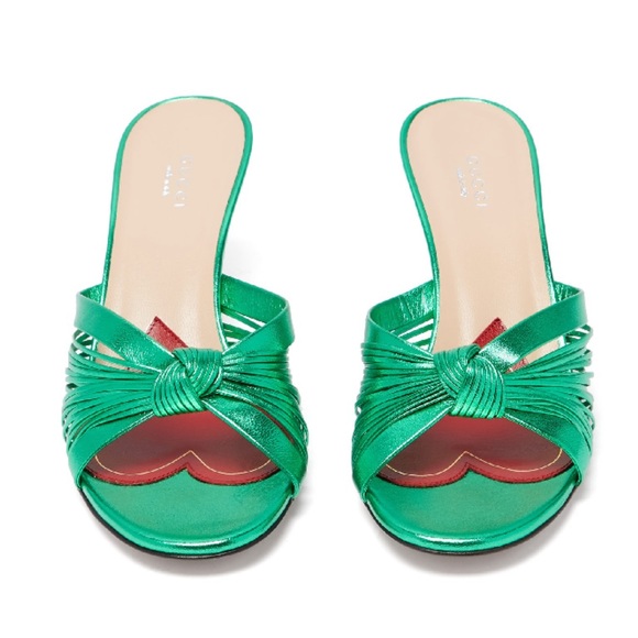 GUCCI knotted Metallic-leather Mules In Green - Picture 6 of 8